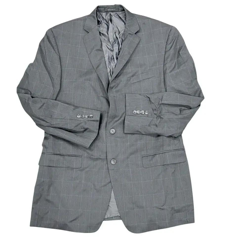 Calvin Klein Men's 44L Grey Windowpane Plaid 100% Wool 2-Button Suit Blazer